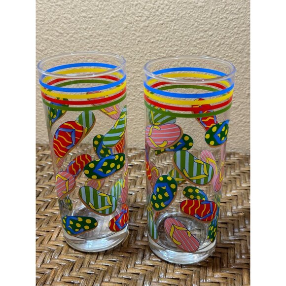 Vintage Ocean Thailand Beverage Glasses Beach Flip Flop Pattern 16 Oz Set Of 2 - Picture 1 of 5